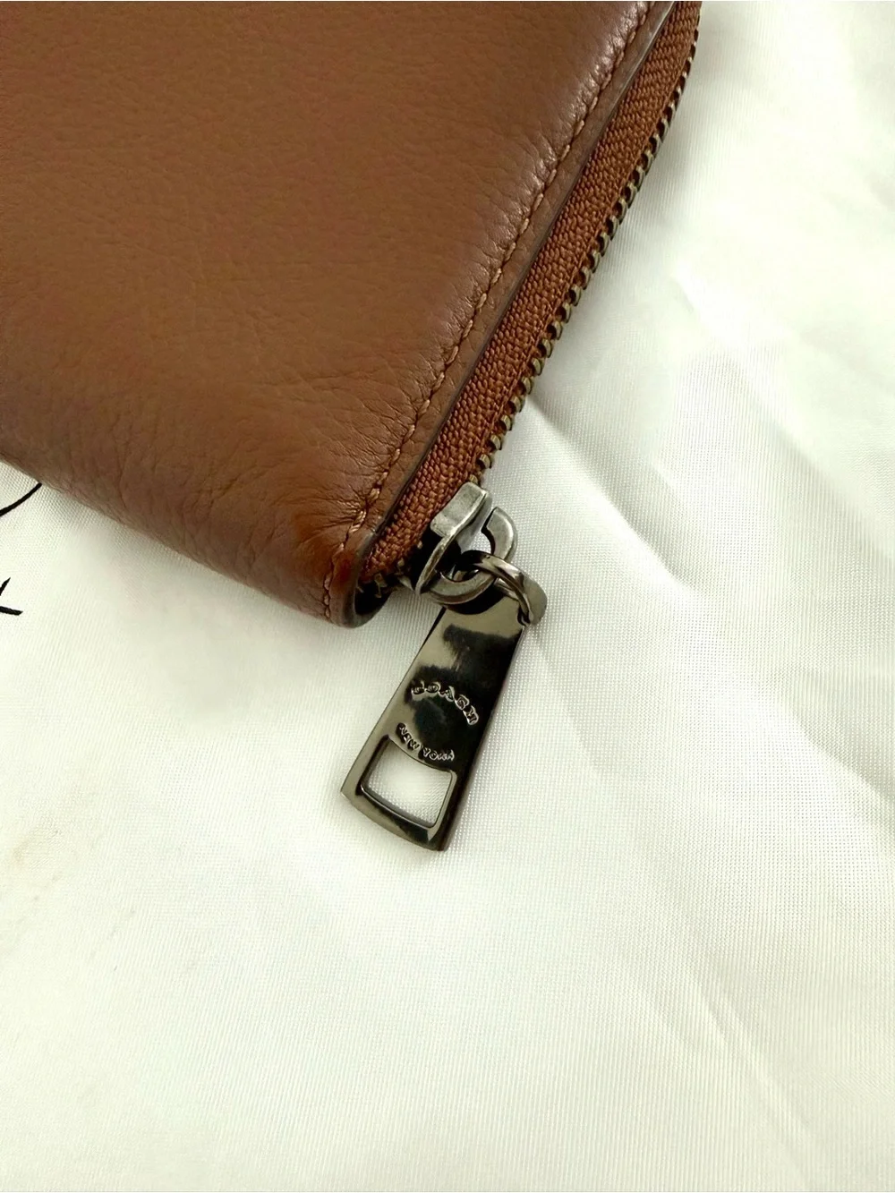 Coach Brown Leather Zip Wallet with Neon Baseball Stitching
